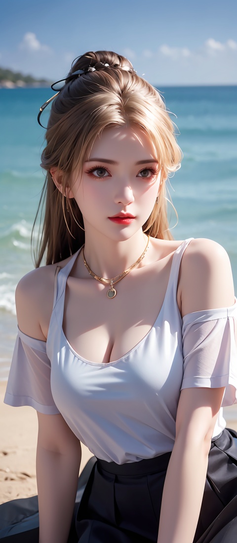  (((1 girl))), (medium breasts:), ((upper body:0.7)), half body photo, female solo, depth of field, blue earrings, blue jewelry, off-shoulder white shirt, black tight skirt, (at beach), blonde hair, (((masterpiece))), (((best quality))), ((ultra-detailed)), (best illustration), (best shadow), photorealistic:1.3, realistic), highly detailed CG unified 8K wallpapers,(HQ skin:1.3, shiny skin), 8k uhd, dslr, soft lighting, high quality, film grain, Fujifilm XT3, (professional lighting), nangongwan, red lips,