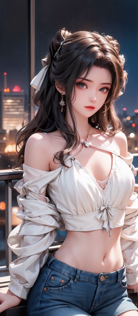  (((1 girl))), (medium breasts),((upper body:1)),1girl, breasts, solo, black hair, navel, jeans, denim, pants, cityscape, sweater, night, long hair, hand on own chest, large breasts, midriff, sitting, looking at viewer, white sweater, sky, night sky, off shoulder, railing, city, city lights, outdoors, lips, arm support, cleavage, collarbone, long sleeves, crop top,jiangli,girl, jujingyi, 1girl