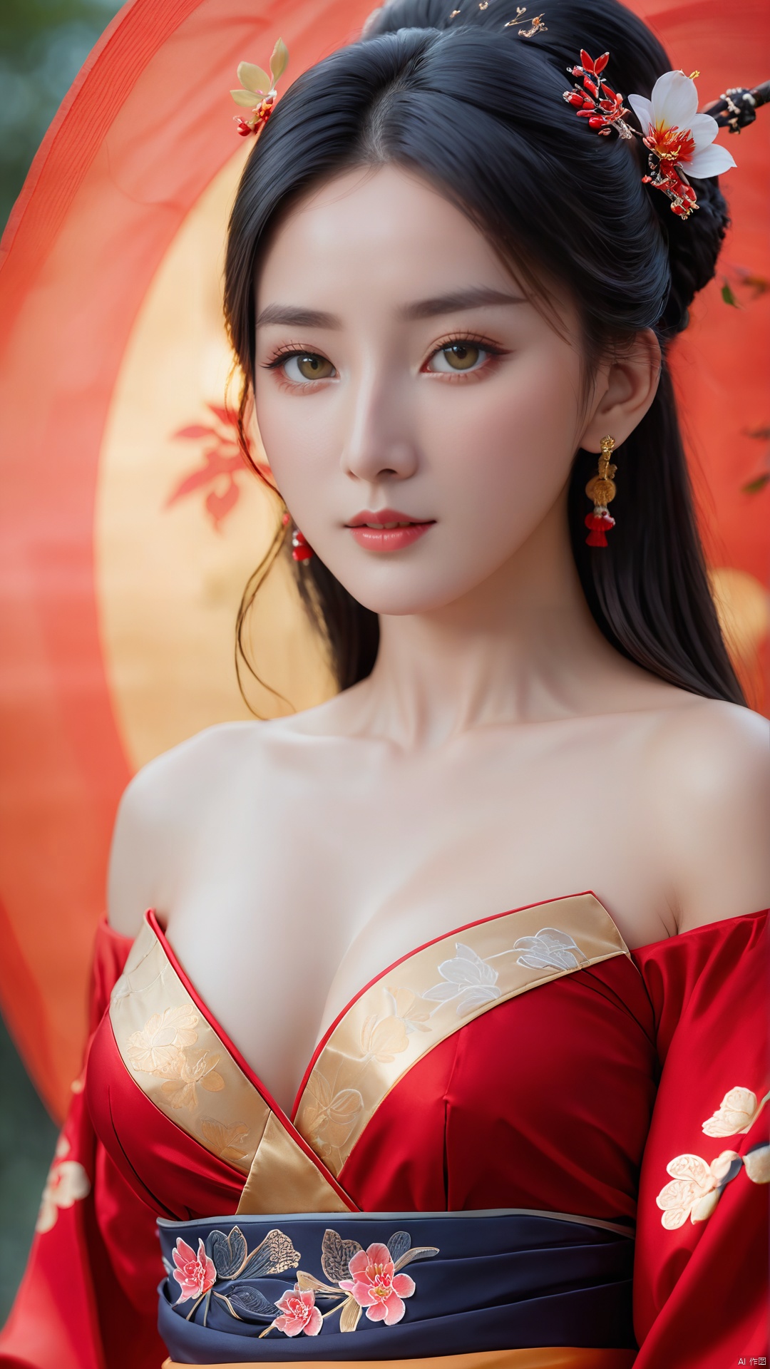  1girl,****_female,looking at viewer,standing,
((upper_body:0.9)),full breasts, (medium breasts),long hair,eyes,Colored pupil,earrings,jewelry,earrings,jewelry, face focus, (perfect face), shiny skin, 
red dress,(cloud pattern print hanfu), hanfu, 
forest, night background,metal,water, wet, 
masterpiece, best quality,depth of field, cinematic composition, best lighting,light master,RAW photo, dslr, film grain, Fujifilm XT3, night shot, light master,Hosino, Face Score, MAJICMIX STYLE, daxiushan,daxiushan style,hanfu,upper body,walking,looking at viewer, masterpiece,32k,extremely detailed CG unity 8k wallpaper, best quality, vibrant colors, break, china goddess,1girl, long hair, black hair,dodger red and gold see through clothes, off shoulder,transparent shawl,g002,