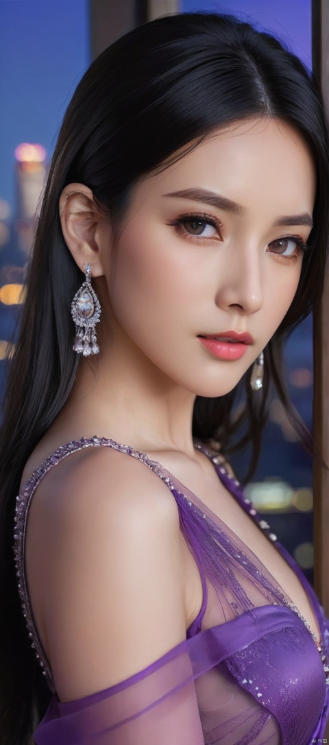 8k,RAW, Fujifilm XT3, masterpiece, best quality, photorealistic of 1girl ,solo, diamond stud earrings, long straight black hair, hazel eyes, serious expression, slender figure, wearing a purple blouse, standing against a city skyline at night,masterpiece,1girl,purple dress,(upper body shot), (upper body view),best quality,long hair, black hair,dodger see through clothes,purple transparent shawl,earrings,beautiful symmetrical face,in the style of elegant clothing,skin white and smooth,high heels,g001,