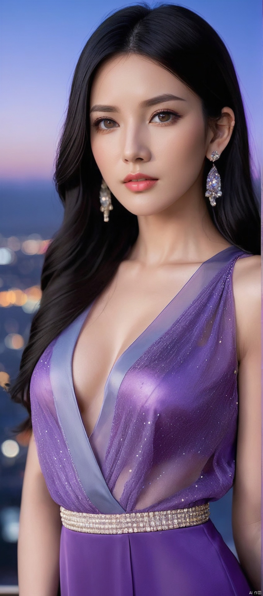 8k,RAW, Fujifilm XT3, masterpiece, best quality, photorealistic of 1girl ,solo, diamond stud earrings, long straight black hair, hazel eyes, serious expression, slender figure, wearing a purple blouse, standing against a city skyline at night,masterpiece,1girl,purple dress,(upper body shot), (upper body view),best quality,long hair, black hair,dodger see through clothes,purple transparent shawl,earrings,beautiful symmetrical face,in the style of elegant clothing,skin white and smooth,high heels,g001,
