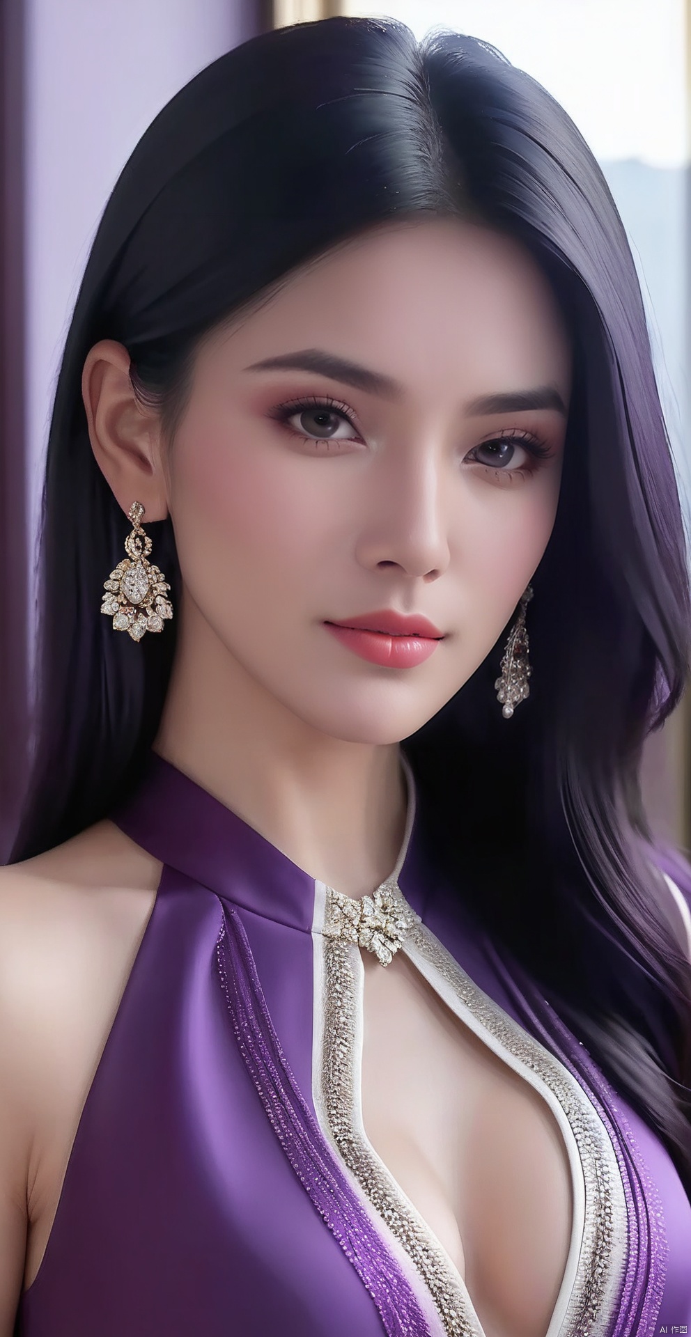 8k,RAW, Fujifilm XT3, masterpiece, best quality, photorealistic of 1girl ,solo, diamond stud earrings, long straight black hair, hazel eyes, serious expression, slender figure, wearing a purple blouse,masterpiece,1girl,purple dress,(upper body shot), (full body view),best quality,long hair, black hair,purple transparent shawl,earrings,beautiful symmetrical face,in the style of elegant clothing,skin white and smooth,high heels,g007,