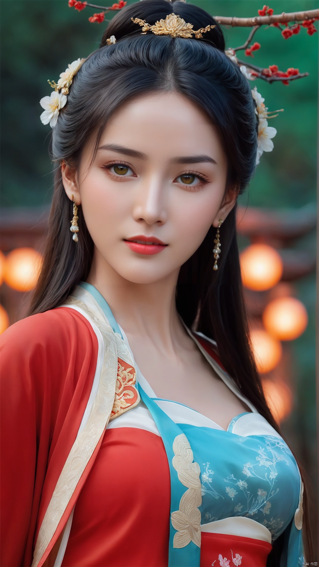  1girl,****_female,looking at viewer,standing,
((upper_body:0.9)),full breasts, (medium breasts:1.2),long hair,eyes,Colored pupil,earrings,jewelry,earrings,jewelry, face focus, (perfect face), shiny skin, 
red dress,(cloud pattern print hanfu), hanfu, 
forest, night background,metal,water, wet, 
masterpiece, best quality,depth of field, cinematic composition, best lighting,light master,RAW photo, dslr, film grain, Fujifilm XT3, night shot, light master,Hosino, Face Score, MAJICMIX STYLE, daxiushan,daxiushan style,hanfu,upper body,walking,looking at viewer, masterpiece,32k,extremely detailed CG unity 8k wallpaper, best quality, vibrant colors, break, china goddess,1girl, long hair, black hair,dodger red and gold see through clothes, off shoulder,transparent shawl,