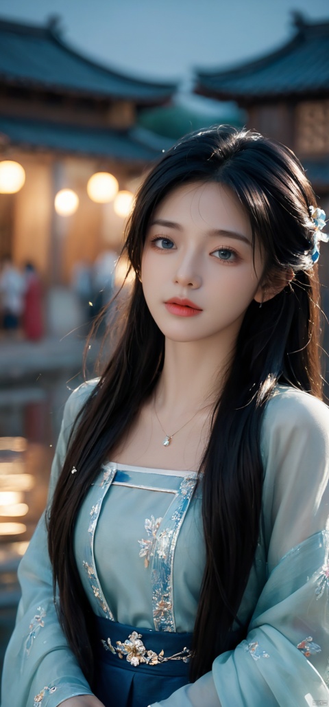  1girl,(((face focus))), sole_female,standing,daxiushan,daxiushan style,hanfu,
((upper_body:0.7)),full breasts, (((larger breasts:1.2))),long hair,blue eyes,Pastel lips, pupil,earrings,jewelry,(perfect face), shiny skin, 
(china jiangnan water town style),water, wet, 
masterpiece, best quality,depth of field, cinematic composition, best lighting,light master,RAW photo, dslr, film grain, Fujifilm XT3, night shot,