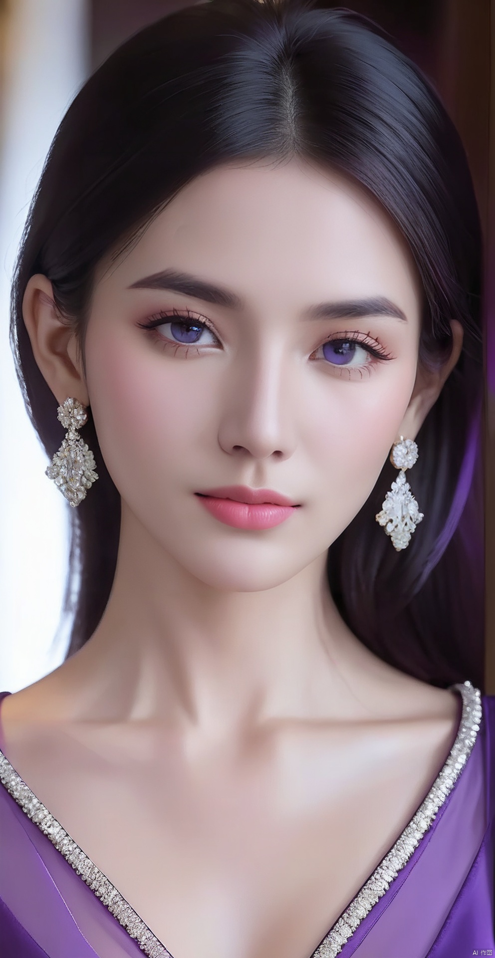 8k,RAW, Fujifilm XT3, masterpiece, best quality, photorealistic of 1girl ,solo, diamond stud earrings, long straight black hair, hazel eyes, serious expression, slender figure, wearing a purple blouse,masterpiece,1girl,purple dress,(upper body shot), (full body view),best quality,long hair, black hair,purple transparent shawl,earrings,beautiful symmetrical face,in the style of elegant clothing,skin white and smooth,high heels,g007,