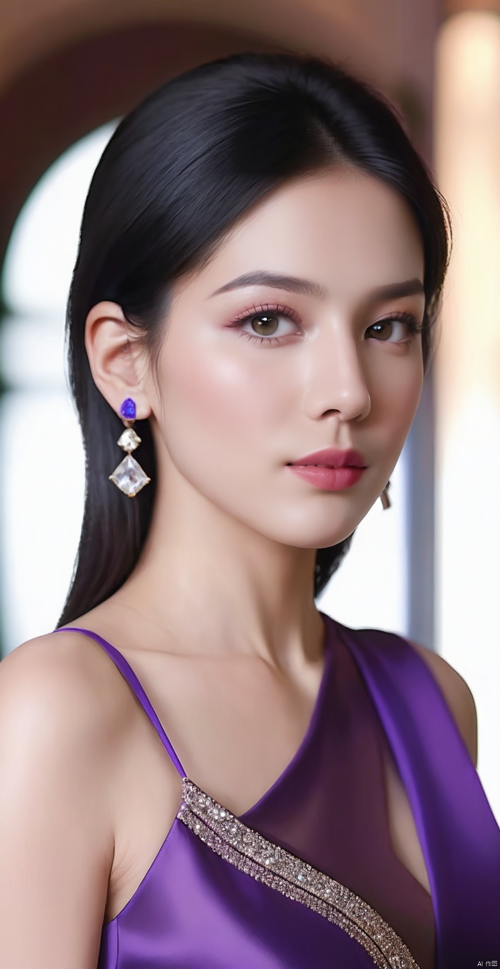 8k,RAW, Fujifilm XT3, masterpiece, best quality, photorealistic of 1girl ,solo, diamond stud earrings, long straight black hair, hazel eyes, serious expression, slender figure, wearing a purple blouse,masterpiece,1girl,purple dress,(upper body shot), (full body view),best quality,long hair, black hair,purple transparent shawl,earrings,beautiful symmetrical face,in the style of elegant clothing,skin white and smooth,high heels,g009,g010,