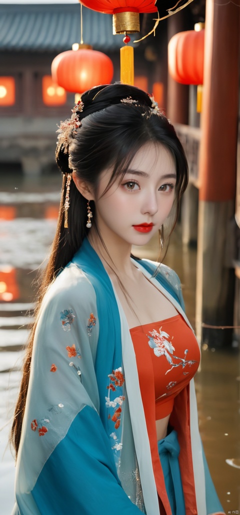  1girl,(((face focus))), sole_female,standing,red,black,daxiushan,daxiushan style,hanfu,
((upper_body:0.7)),full breasts, (((larger breasts:1.2))),long hair,blue eyes,Redlips,red lipstick,Colored pupil,earrings,jewelry,(perfect face), shiny skin, 
(china jiangnan water town style),water, wet, 
masterpiece, best quality,depth of field, cinematic composition, best lighting,light master,RAW photo, dslr, film grain, Fujifilm XT3, night shot, light master, chinese woman,moyou