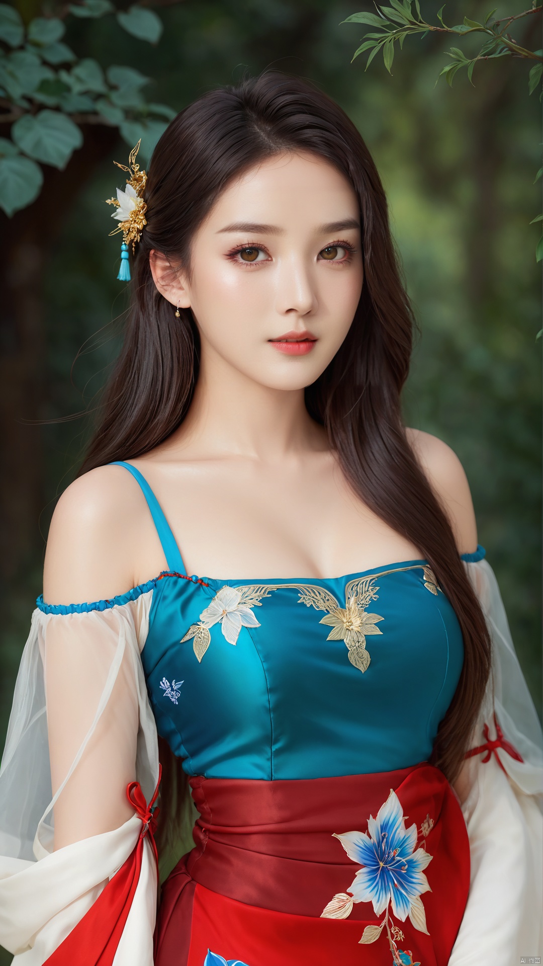  1girl,****_female,looking at viewer,standing,
((upper_body:0.9)),full breasts, (medium breasts),long hair,eyes,Colored pupil,earrings,jewelry,earrings,jewelry, face focus, (perfect face), shiny skin, 
red dress,(cloud pattern print hanfu), hanfu, 
forest, night background,metal,water, wet, 
masterpiece, best quality,depth of field, cinematic composition, best lighting,light master,RAW photo, dslr, film grain, Fujifilm XT3, night shot, light master,Hosino, Face Score, MAJICMIX STYLE, daxiushan,daxiushan style,hanfu,upper body,walking,looking at viewer, masterpiece,32k,extremely detailed CG unity 8k wallpaper, best quality, vibrant colors, break, china goddess,1girl, long hair, black hair,dodger red and gold see through clothes, off shoulder,transparent shawl,g006,