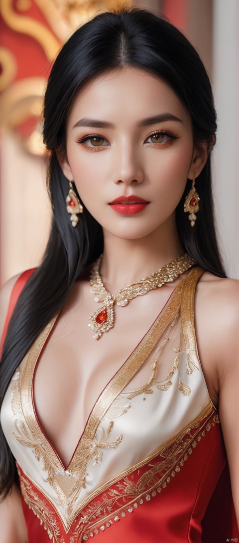 8k,RAW, Fujifilm XT3, masterpiece, best quality, photorealistic,1girl,solo, diamond stud earrings, long straight black hair, hazel eyes, serious expression, slender figure, wearing a red and gold blouse,red and gold dress,(upper body shot), (upper body view),dodger red and gold see through clothes,red and gold transparent shawl,beautiful symmetrical face,in the style of elegant clothing,skin white and smooth,high heels,g002,