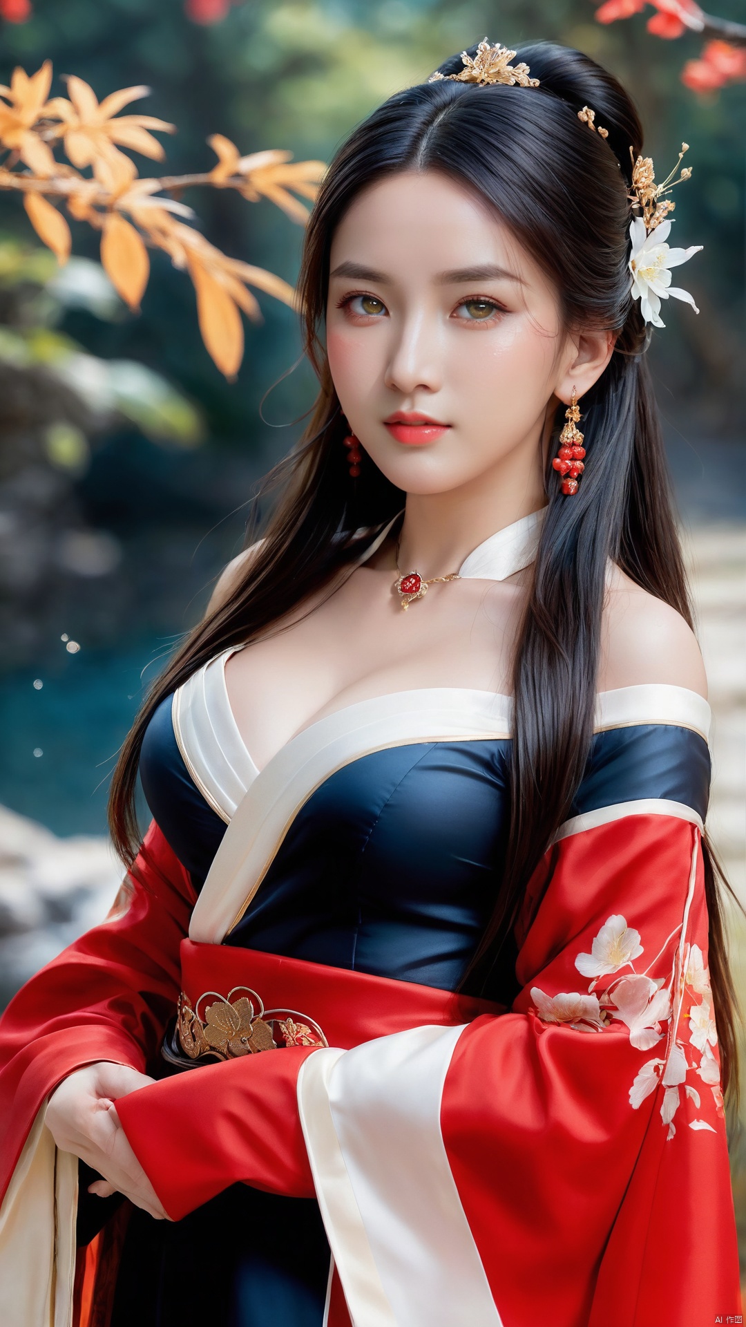  1girl,****_female,looking at viewer,standing,
((upper_body:0.9)),full breasts, (medium breasts),long hair,eyes,Colored pupil,earrings,jewelry,earrings,jewelry, face focus, (perfect face), shiny skin, 
red dress,(cloud pattern print hanfu), hanfu, 
forest, night background,metal,water, wet, 
masterpiece, best quality,depth of field, cinematic composition, best lighting,light master,RAW photo, dslr, film grain, Fujifilm XT3, night shot, light master,Hosino, Face Score, MAJICMIX STYLE, daxiushan,daxiushan style,hanfu,upper body,walking,looking at viewer, masterpiece,32k,extremely detailed CG unity 8k wallpaper, best quality, vibrant colors, break, china goddess,1girl, long hair, black hair,dodger red and gold see through clothes, off shoulder,transparent shawl,g001,