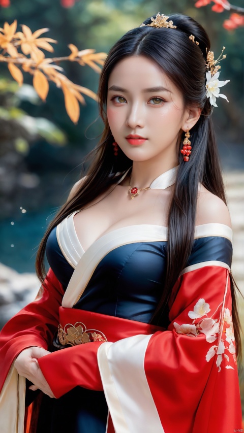  1girl,sole_female,looking at viewer,standing,
((upper_body:0.9)),full breasts, (medium breasts),long hair,eyes,Colored pupil,earrings,jewelry,earrings,jewelry, face focus, (perfect face), shiny skin, 
red dress,(cloud pattern print hanfu), hanfu, 
forest, night background,metal,water, wet, 
masterpiece, best quality,depth of field, cinematic composition, best lighting,light master,RAW photo, dslr, film grain, Fujifilm XT3, night shot, light master,Hosino, Face Score, MAJICMIX STYLE, daxiushan,daxiushan style,hanfu,upper body,walking,looking at viewer, masterpiece,32k,extremely detailed CG unity 8k wallpaper, best quality, vibrant colors, break, china goddess,1girl, long hair, black hair,dodger red and gold see through clothes, off shoulder,transparent shawl,g001,