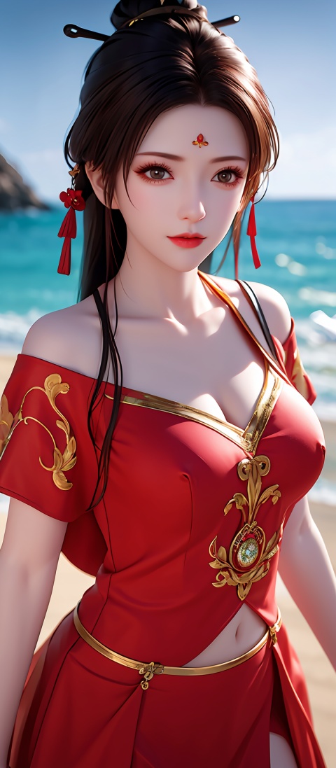  (((1 girl))), (medium breasts:), ((upper body:0.7)), half body photo, female solo, depth of field, red earrings, jewelry, off-shoulder red shirt,black_skirt, (at beach), blonde hair, (((masterpiece))), (((best quality))), ((ultra-detailed)), (best illustration), (best shadow), photorealistic:1.3, realistic), highly detailed CG unified 8K wallpapers,(HQ skin:1.3, shiny skin), 8k uhd, dslr, soft lighting, high quality, film grain, Fujifilm XT3, (professional lighting), nangongwan, red lips,
