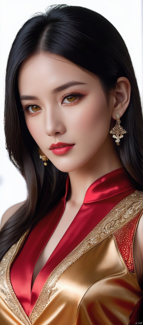  8k,RAW, Fujifilm XT3, masterpiece, best quality, photorealistic,1girl,solo, diamond stud earrings, long straight black hair, hazel eyes, serious expression, slender figure, wearing a red and gold blouse,red and gold dress,(upper body shot), (upper body view),dodger red and gold see through clothes,red and gold transparent shawl,beautiful symmetrical face,in the style of elegant clothing,skin white and smooth,high heels,g002,