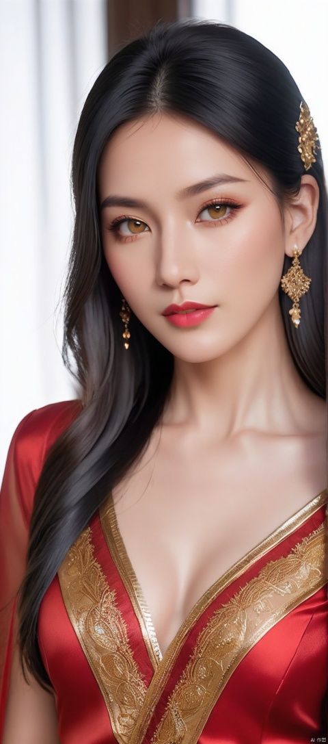 8k,RAW, Fujifilm XT3, masterpiece, best quality, photorealistic,1girl,solo, diamond stud earrings, long straight black hair, hazel eyes, serious expression, slender figure, wearing a red and gold blouse,red and gold dress,(upper body shot), (upper body view),dodger red and gold see through clothes,red and gold transparent shawl,beautiful symmetrical face,in the style of elegant clothing,high heels,g002,