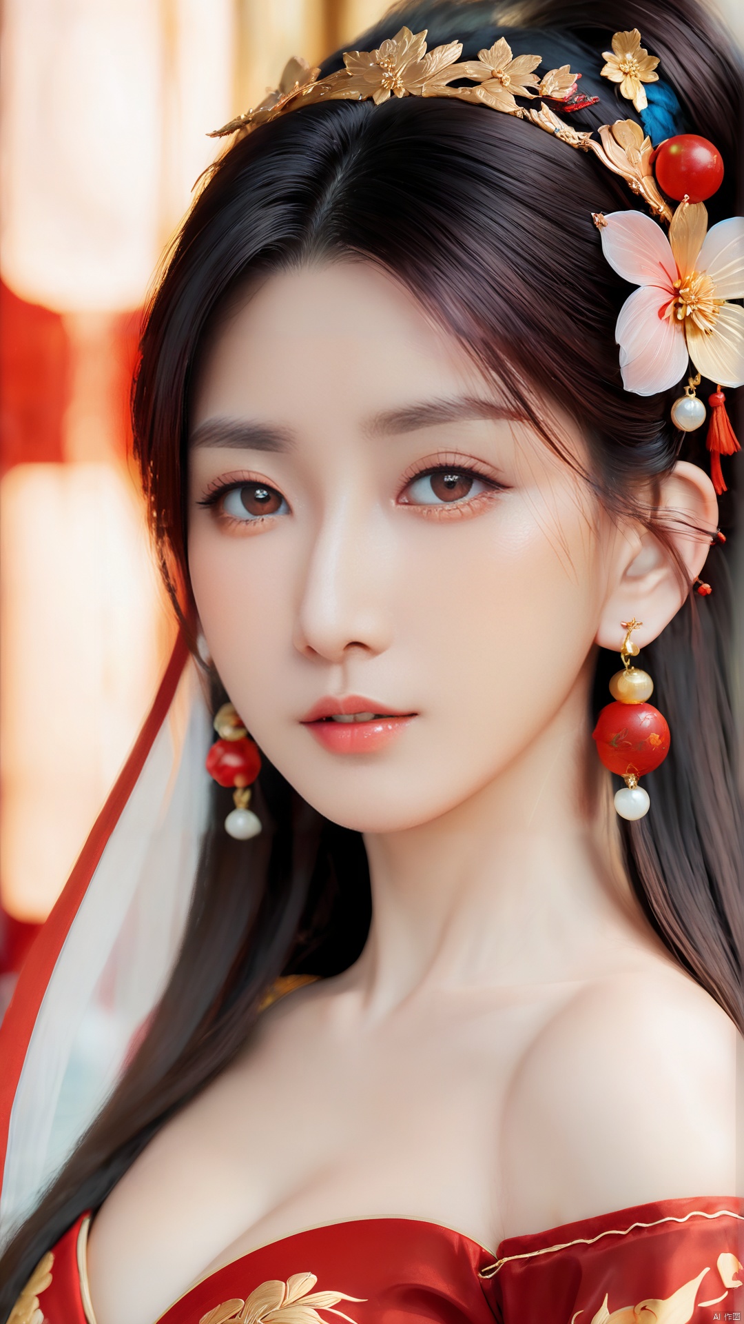  1girl,****_female,looking at viewer,standing,red,gold,hairpin,
((upper_body:0.9)),full breasts, (medium breasts),long hair,eyes,Colored pupil,earrings,jewelry,earrings,jewelry, face focus, (perfect face), shiny skin, 
red dress,(cloud pattern print hanfu), hanfu, 
forest, night background,metal,water, wet, 
masterpiece, best quality,depth of field, cinematic composition, best lighting,light master,RAW photo, dslr, film grain, Fujifilm XT3, night shot, light master,Hosino, Face Score, MAJICMIX STYLE, daxiushan,daxiushan style,hanfu,upper body,walking,looking at viewer, masterpiece,32k,extremely detailed CG unity 8k wallpaper, best quality, vibrant colors, break, china goddess,1girl, long hair, black hair,dodger red and gold see through clothes, off shoulder,transparent shawl,g002,g009,