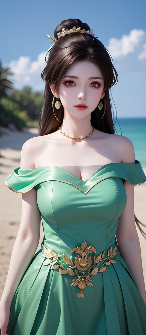  (((1 girl))), (medium breasts:), ((upper body:0.7)), half body photo, female solo, depth of field, green earrings, jewelry, off-shoulder green shirt,green tight skirt, (at beach), blonde hair, (((masterpiece))), (((best quality))), ((ultra-detailed)), (best illustration), (best shadow), photorealistic:1.3, realistic), highly detailed CG unified 8K wallpapers,(HQ skin:1.3, shiny skin), 8k uhd, dslr, soft lighting, high quality, film grain, Fujifilm XT3, (professional lighting), nangongwan, red lips,