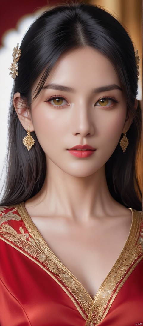 8k,RAW, Fujifilm XT3, masterpiece, best quality, photorealistic,1girl,solo, diamond stud earrings, long straight black hair, hazel eyes, serious expression, slender figure, wearing a red and gold blouse,red and gold dress,(upper body shot), (upper body view),dodger red and gold see through clothes,red and gold transparent shawl,beautiful symmetrical face,in the style of elegant clothing,high heels,g002,