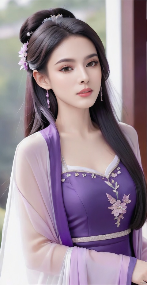 8k,RAW, Fujifilm XT3, masterpiece, best quality, photorealistic of 1girl ,solo, diamond stud earrings, long straight black hair, hazel eyes, serious expression, slender figure, wearing a purple blouse,masterpiece,1girl,purple dress,(upper body shot:0.7), (upper body view),best quality,long hair, black hair,purple transparent shawl,earrings,beautiful symmetrical face,in the style of elegant clothing,skin white and smooth,high heels,purple hanfu,hanfu,daxiushan,g006,