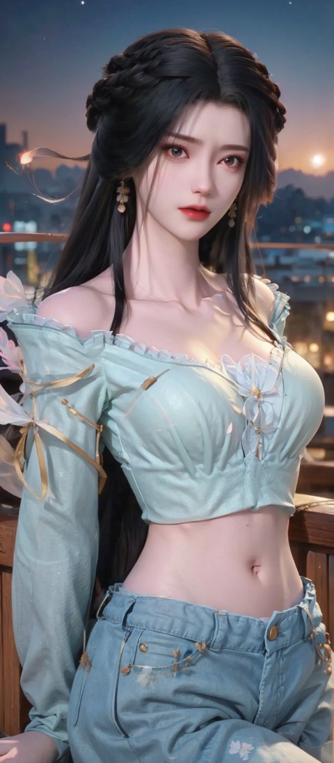  (((1 girl))), (medium breasts),((upper body:1)),1girl, breasts, solo, black hair, navel, jeans, denim, pants, cityscape, sweater, night, long hair, hand on own chest, large breasts, midriff, sitting, looking at viewer, white sweater, sky, night sky, off shoulder, railing, city, city lights, outdoors, lips, arm support, cleavage, collarbone, long sleeves, crop top,jiangli,girl, jujingyi, 1girl