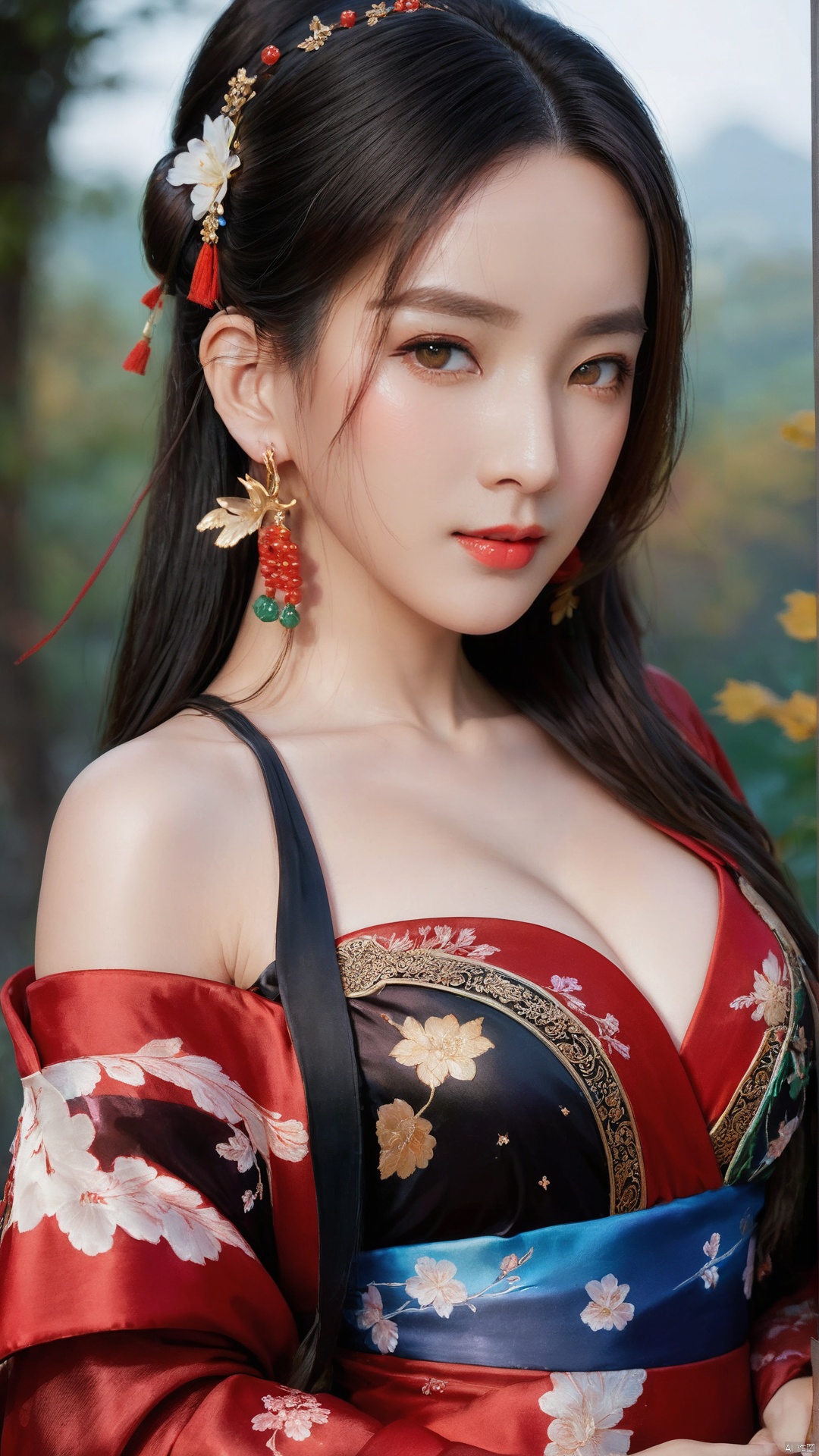  1girl,****_female,looking at viewer,standing,
((upper_body:0.9)),full breasts, (medium breasts),long hair,eyes,Colored pupil,earrings,jewelry,earrings,jewelry, face focus, (perfect face), shiny skin, 
red dress,(cloud pattern print hanfu), hanfu, 
forest, night background,metal,water, wet, 
masterpiece, best quality,depth of field, cinematic composition, best lighting,light master,RAW photo, dslr, film grain, Fujifilm XT3, night shot, light master,Hosino, Face Score, MAJICMIX STYLE, daxiushan,daxiushan style,hanfu,upper body,walking,looking at viewer, masterpiece,32k,extremely detailed CG unity 8k wallpaper, best quality, vibrant colors, break, china goddess,1girl, long hair, black hair,dodger red and gold see through clothes, off shoulder,transparent shawl,g001,