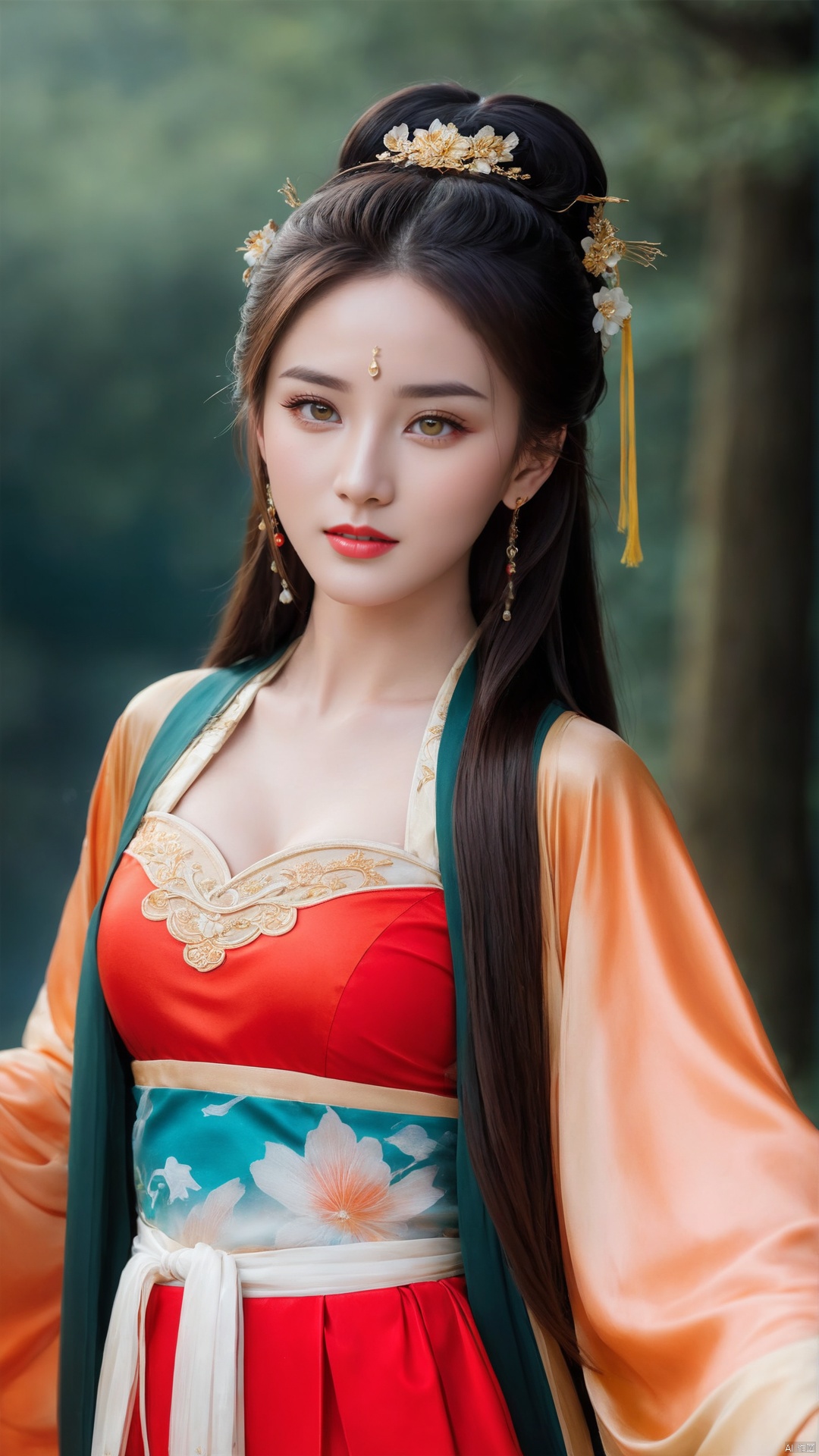  1girl,****_female,looking at viewer,standing,
((upper_body:0.9)),full breasts, (medium breasts),long hair,eyes,Colored pupil,earrings,jewelry,earrings,jewelry, face focus, (perfect face), shiny skin, 
red and gold dress,(cloud pattern print hanfu), hanfu, 
forest, night background,metal,water, wet, 
masterpiece, best quality,depth of field, cinematic composition, best lighting,light master,RAW photo, dslr, film grain, Fujifilm XT3, night shot, light master,Hosino, Face Score, MAJICMIX STYLE, daxiushan,daxiushan style,hanfu,