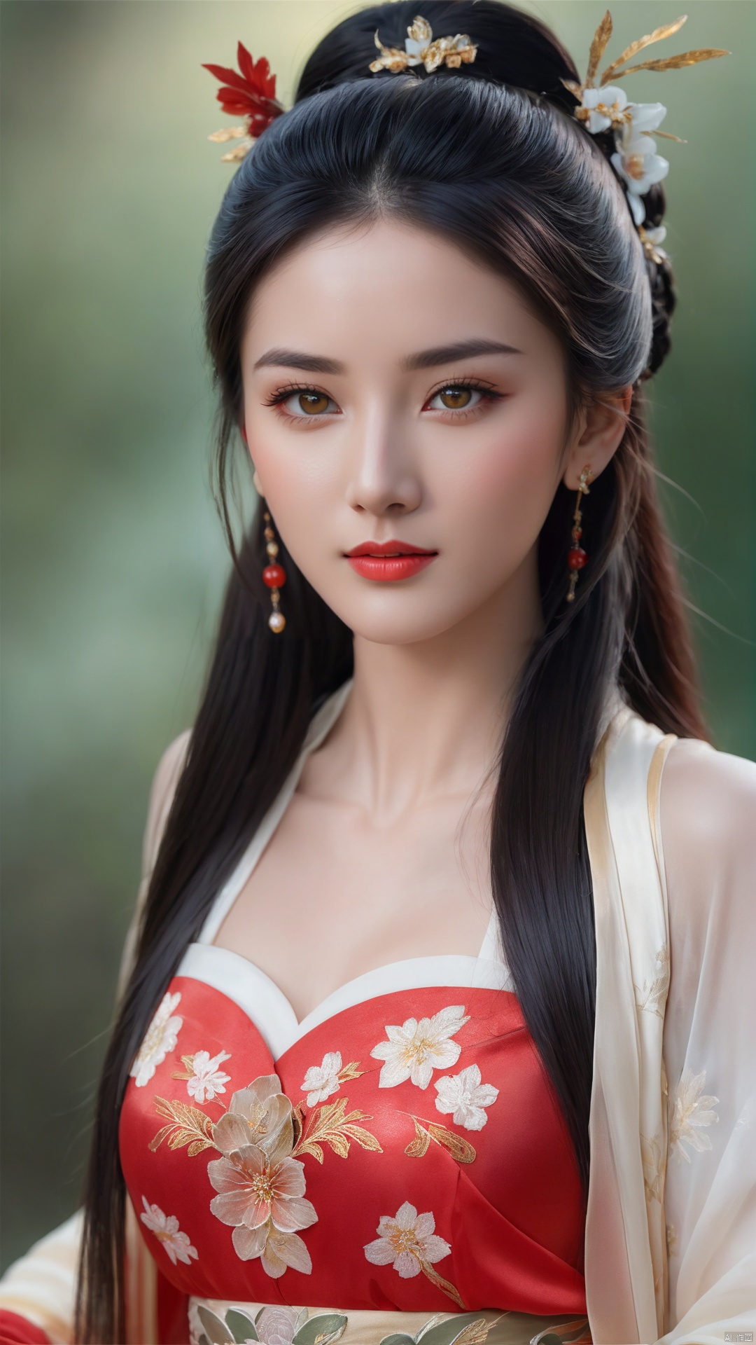  1girl,****_female,looking at viewer,standing,
((upper_body:0.9)),full breasts, (medium breasts),long hair,eyes,Colored pupil,earrings,jewelry,earrings,jewelry, face focus, (perfect face), shiny skin, 
red dress,(cloud pattern print hanfu), hanfu, 
forest, night background,metal,water, wet, 
masterpiece, best quality,depth of field, cinematic composition, best lighting,light master,RAW photo, dslr, film grain, Fujifilm XT3, night shot, light master,Hosino, Face Score, MAJICMIX STYLE, daxiushan,daxiushan style,hanfu,upper body,walking,looking at viewer, masterpiece,32k,extremely detailed CG unity 8k wallpaper, best quality, vibrant colors, break, china goddess,1girl, long hair, black hair,dodger red and gold see through clothes, off shoulder,transparent shawl,