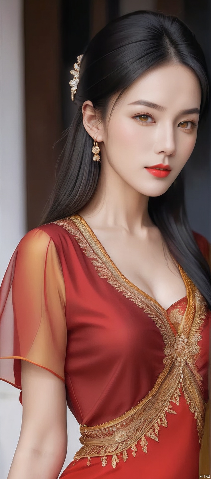 8k,RAW, Fujifilm XT3, masterpiece, best quality, photorealistic,1girl,solo, diamond stud earrings, long straight black hair, hazel eyes, serious expression, slender figure, wearing a red and gold blouse,red and gold dress,(upper body shot), (upper body view),dodger red and gold see through clothes,red and gold transparent shawl,beautiful symmetrical face,in the style of elegant clothing,skin white and smooth,high heels,g002,
