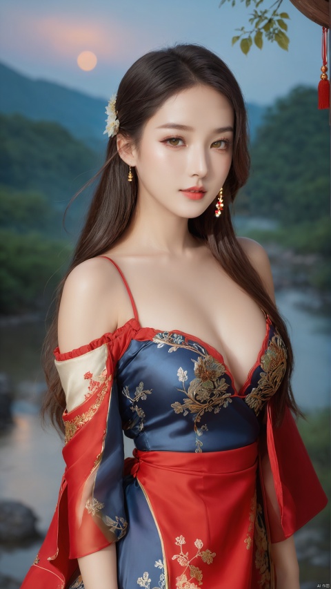  1girl,sole_female,looking at viewer,standing,
((upper_body:0.9)),full breasts, (medium breasts),long hair,eyes,Colored pupil,earrings,jewelry,earrings,jewelry, face focus, (perfect face), shiny skin, 
red dress,(cloud pattern print hanfu), hanfu, 
forest, night background,metal,water, wet, 
masterpiece, best quality,depth of field, cinematic composition, best lighting,light master,RAW photo, dslr, film grain, Fujifilm XT3, night shot, light master,Hosino, Face Score, MAJICMIX STYLE, daxiushan,daxiushan style,hanfu,upper body,walking,looking at viewer, masterpiece,32k,extremely detailed CG unity 8k wallpaper, best quality, vibrant colors, break, china goddess,1girl, long hair, black hair,dodger red and gold see through clothes, off shoulder,transparent shawl,g006,