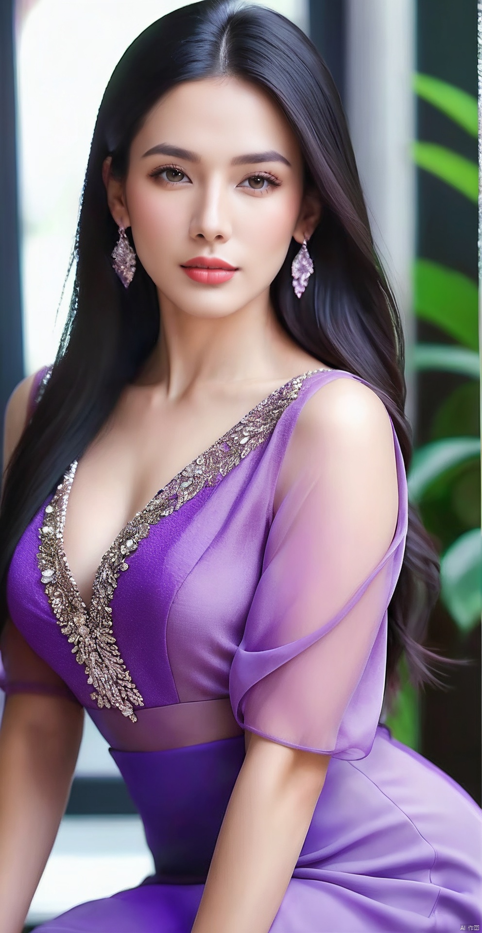 8k,RAW, Fujifilm XT3, masterpiece, best quality, photorealistic of 1girl ,solo, diamond stud earrings, long straight black hair, hazel eyes, serious expression, slender figure, wearing a purple blouse,masterpiece,1girl,purple dress,(upper body shot), (full body view),best quality,long hair, black hair,purple transparent shawl,earrings,beautiful symmetrical face,in the style of elegant clothing,skin white and smooth,high heels,g009,g010,