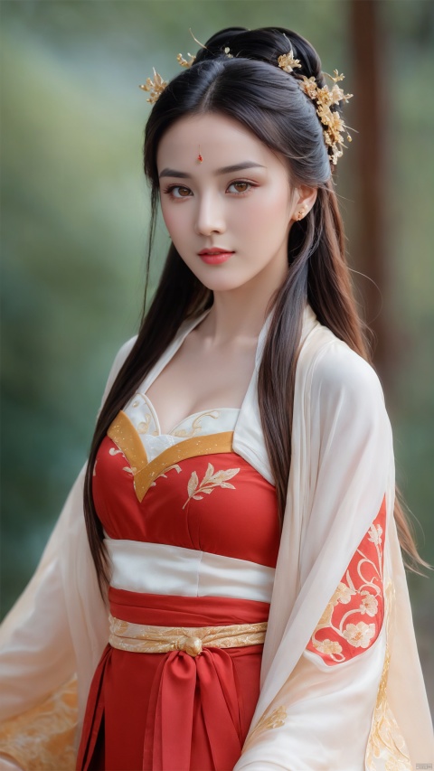  1girl,sole_female,looking at viewer,standing,red and gold,
((upper_body:0.9)),full breasts, (medium breasts),long hair,eyes,Colored pupil,earrings,jewelry,earrings,jewelry, face focus, (perfect face), shiny skin, 
red and gold dress,(cloud pattern print hanfu), hanfu, 
forest, night background,metal,water, wet, 
masterpiece, best quality,depth of field, cinematic composition, best lighting,light master,RAW photo, dslr, film grain, Fujifilm XT3, night shot, light master,Hosino, Face Score, MAJICMIX STYLE, daxiushan,daxiushan style,hanfu,