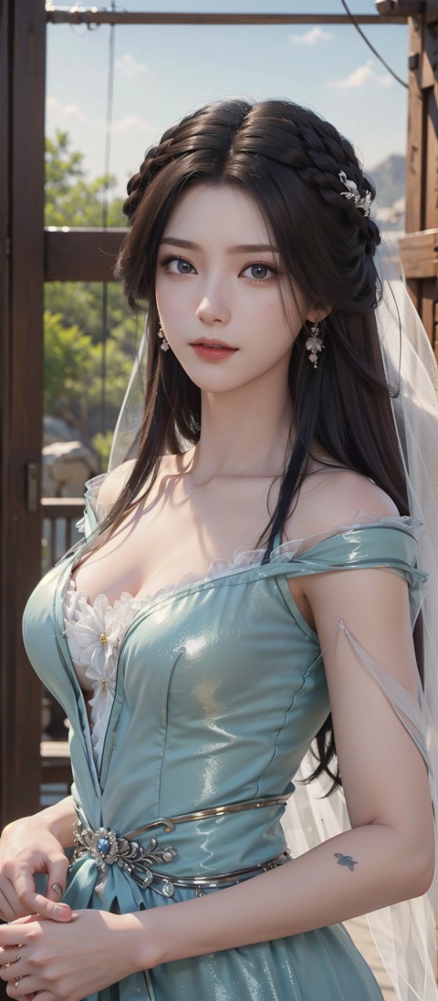  1girl, masterpiece, (medium breasts), ((upper body:1)),best quality, ultra-detailed, high resolution, extremely detailed cg, anime picture, unity 8k wallpaper, nice hands, perfect hands, perfect body, pov, (tachibana arisu), bridge, brown hair, smug smile, detailed and beautiful arrogant bridal gown, wedding veil, multiple poses, multiple angle, (detailed and beautiful face and eyes:1.4, gleaming skin, shiny hair, detailed and beautiful shiny clothes), wedding hall