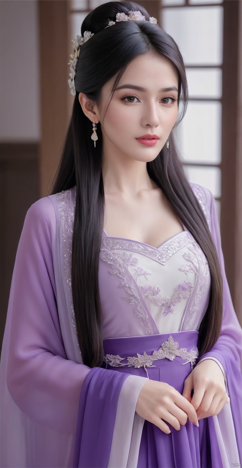 8k,RAW, Fujifilm XT3, masterpiece, best quality, photorealistic of 1girl ,solo, diamond stud earrings, long straight black hair, hazel eyes, serious expression, slender figure, wearing a purple blouse,masterpiece,1girl,purple dress,(upper body shot:0.7), (upper body view),best quality,long hair, black hair,purple transparent shawl,earrings,beautiful symmetrical face,in the style of elegant clothing,skin white and smooth,high heels,purple hanfu,hanfu,daxiushan,g006,g007,