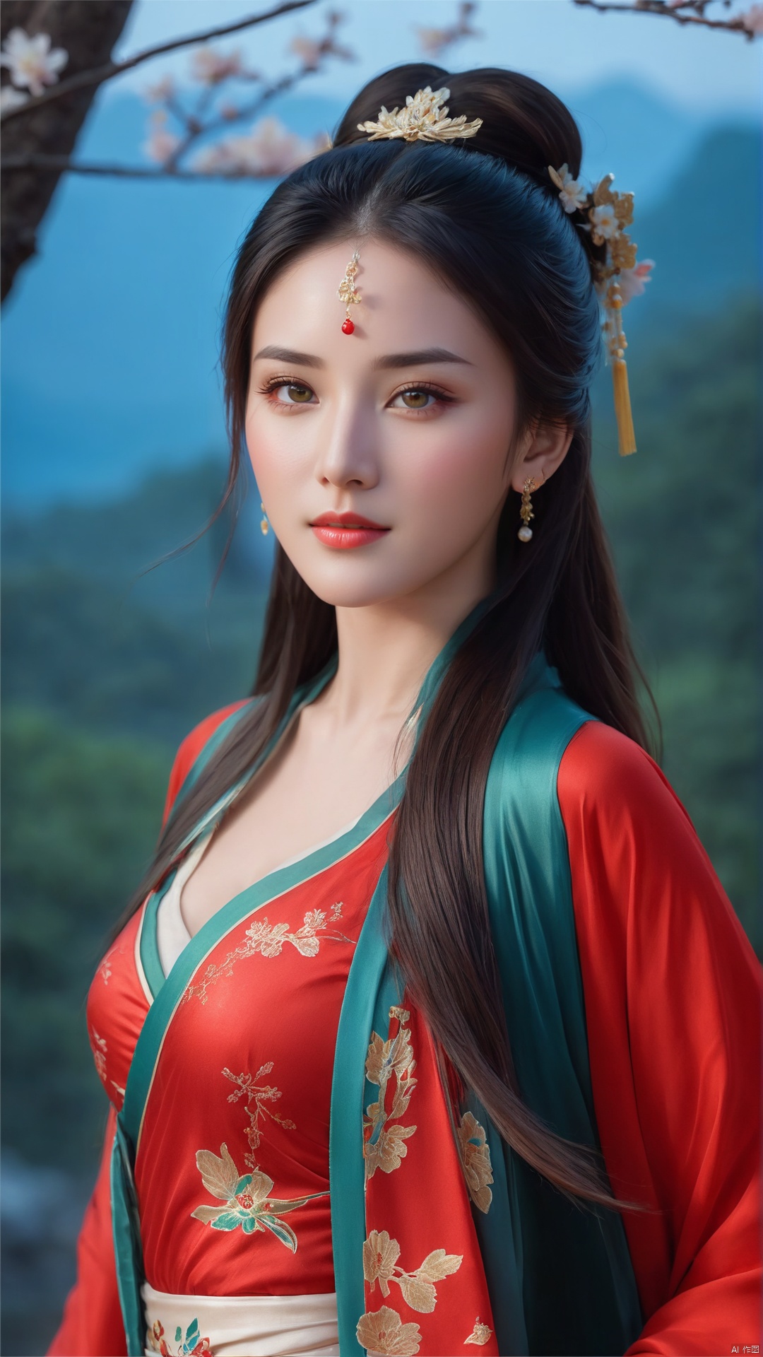  1girl,****_female,looking at viewer,standing,
((upper_body:0.9)),full breasts, (medium breasts),long hair,eyes,Colored pupil,earrings,jewelry,earrings,jewelry, face focus, (perfect face), shiny skin, 
red dress,(cloud pattern print hanfu), hanfu, 
forest, night background,metal,water, wet, 
masterpiece, best quality,depth of field, cinematic composition, best lighting,light master,RAW photo, dslr, film grain, Fujifilm XT3, night shot, light master,Hosino, Face Score, MAJICMIX STYLE, daxiushan,daxiushan style,hanfu,upper body,walking,looking at viewer, masterpiece,32k,extremely detailed CG unity 8k wallpaper, best quality, vibrant colors, break, china goddess,1girl, long hair, black hair,dodger red and gold see through clothes,transparent shawl,
