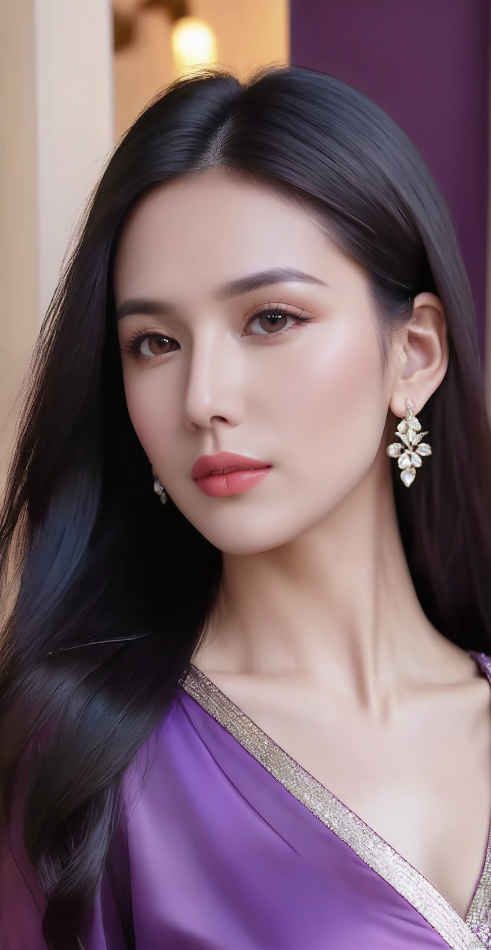 8k,RAW, Fujifilm XT3, masterpiece, best quality, photorealistic of 1girl ,solo, diamond stud earrings, long straight black hair, hazel eyes, serious expression, slender figure, wearing a purple blouse,masterpiece,1girl,purple dress,(upper body shot), (full body view),best quality,long hair, black hair,purple transparent shawl,earrings,beautiful symmetrical face,in the style of elegant clothing,skin white and smooth,high heels,g009,g010,
