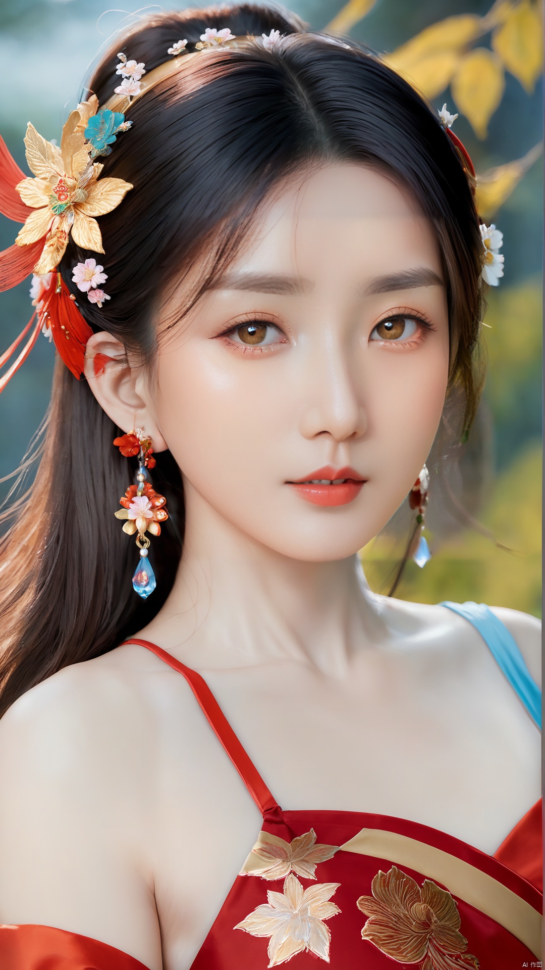 1girl,****_female,looking at viewer,standing,
((upper_body:0.9)),full breasts, (medium breasts),long hair,eyes,Colored pupil,earrings,jewelry,earrings,jewelry, face focus, (perfect face), shiny skin, 
red dress,(cloud pattern print hanfu), hanfu, 
forest, night background,metal,water, wet, 
masterpiece, best quality,depth of field, cinematic composition, best lighting,light master,RAW photo, dslr, film grain, Fujifilm XT3, night shot, light master,Hosino, Face Score, MAJICMIX STYLE, daxiushan,daxiushan style,hanfu,upper body,walking,looking at viewer, masterpiece,32k,extremely detailed CG unity 8k wallpaper, best quality, vibrant colors, break, china goddess,1girl, long hair, black hair,dodger red and gold see through clothes, off shoulder,transparent shawl,g002,g009,