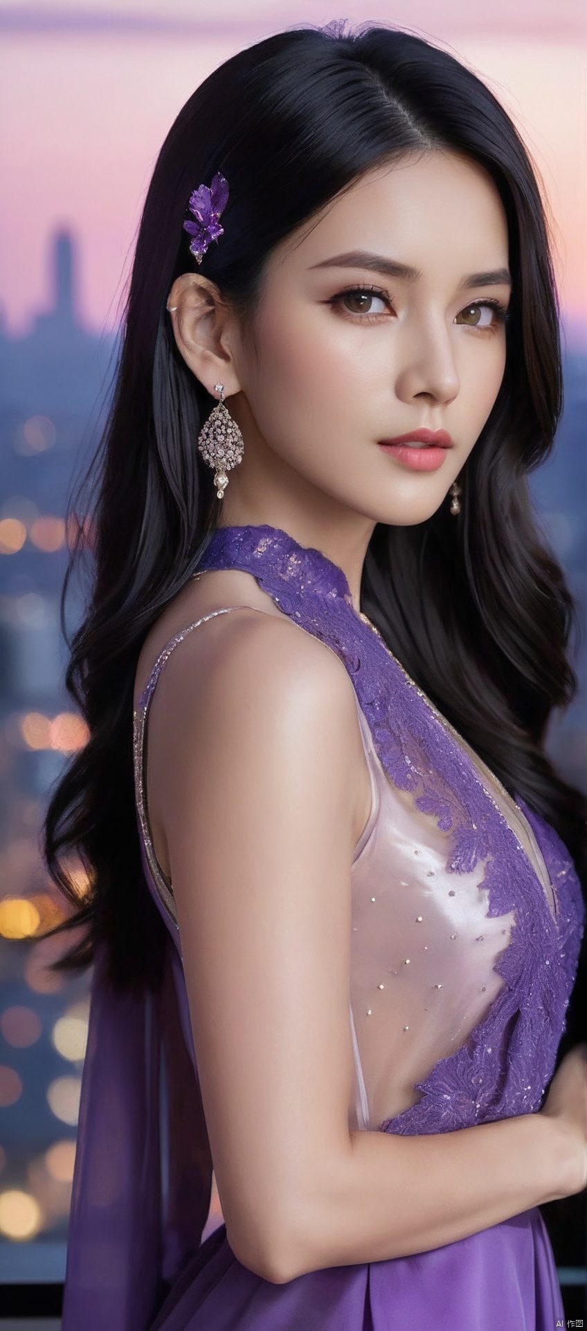 8k,RAW, Fujifilm XT3, masterpiece, best quality, photorealistic of 1girl ,solo, diamond stud earrings, long straight black hair, hazel eyes, serious expression, slender figure, wearing a purple blouse, standing against a city skyline at night,masterpiece,1girl,purple dress,(upper body shot), (upper body view),best quality,long hair, black hair,dodger see through clothes,purple transparent shawl,earrings,beautiful symmetrical face,in the style of elegant clothing,skin white and smooth,high heels,g001,