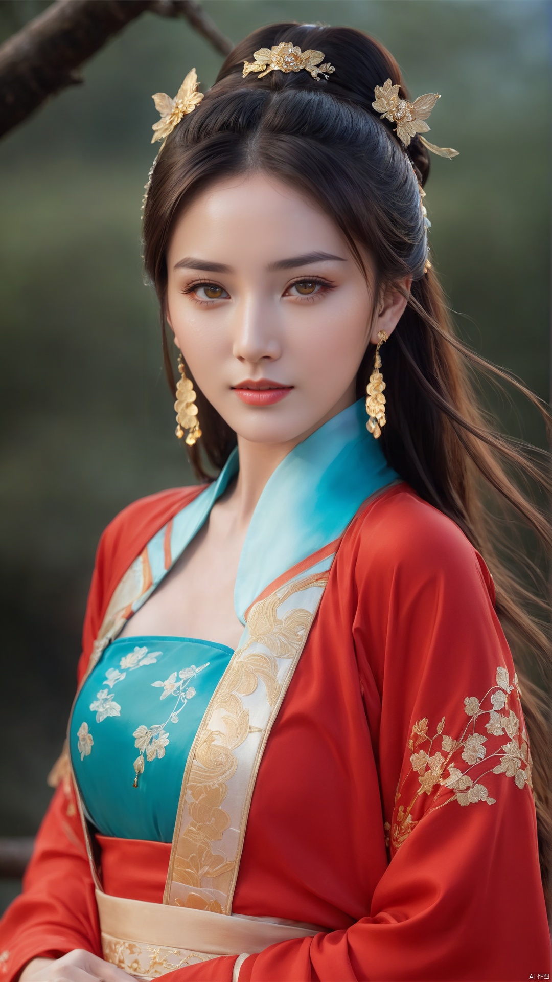  1girl,****_female,looking at viewer,standing,red and gold,
((upper_body:0.9)),full breasts, (medium breasts),long hair,eyes,Colored pupil,earrings,jewelry,earrings,jewelry, face focus, (perfect face), shiny skin, 
red and gold dress,(cloud pattern print hanfu), hanfu, 
forest, night background,metal,water, wet, 
masterpiece, best quality,depth of field, cinematic composition, best lighting,light master,RAW photo, dslr, film grain, Fujifilm XT3, night shot, light master,Hosino, Face Score, MAJICMIX STYLE, daxiushan,daxiushan style,hanfu,