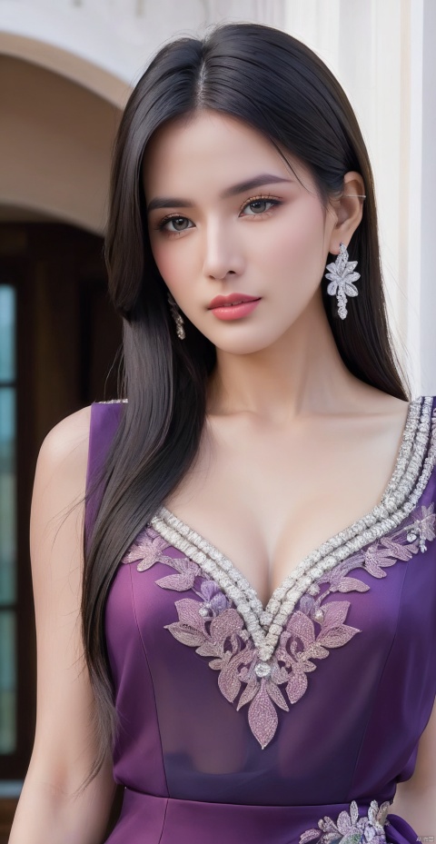 8k,RAW, Fujifilm XT3, masterpiece, best quality, photorealistic of 1girl ,solo, diamond stud earrings, long straight black hair, hazel eyes, serious expression, slender figure, wearing a purple blouse,masterpiece,1girl,purple dress,(upper body shot:0.7), (upper body view),best quality,long hair, black hair,purple transparent shawl,earrings,beautiful symmetrical face,in the style of elegant clothing,skin white and smooth,high heels,g009,