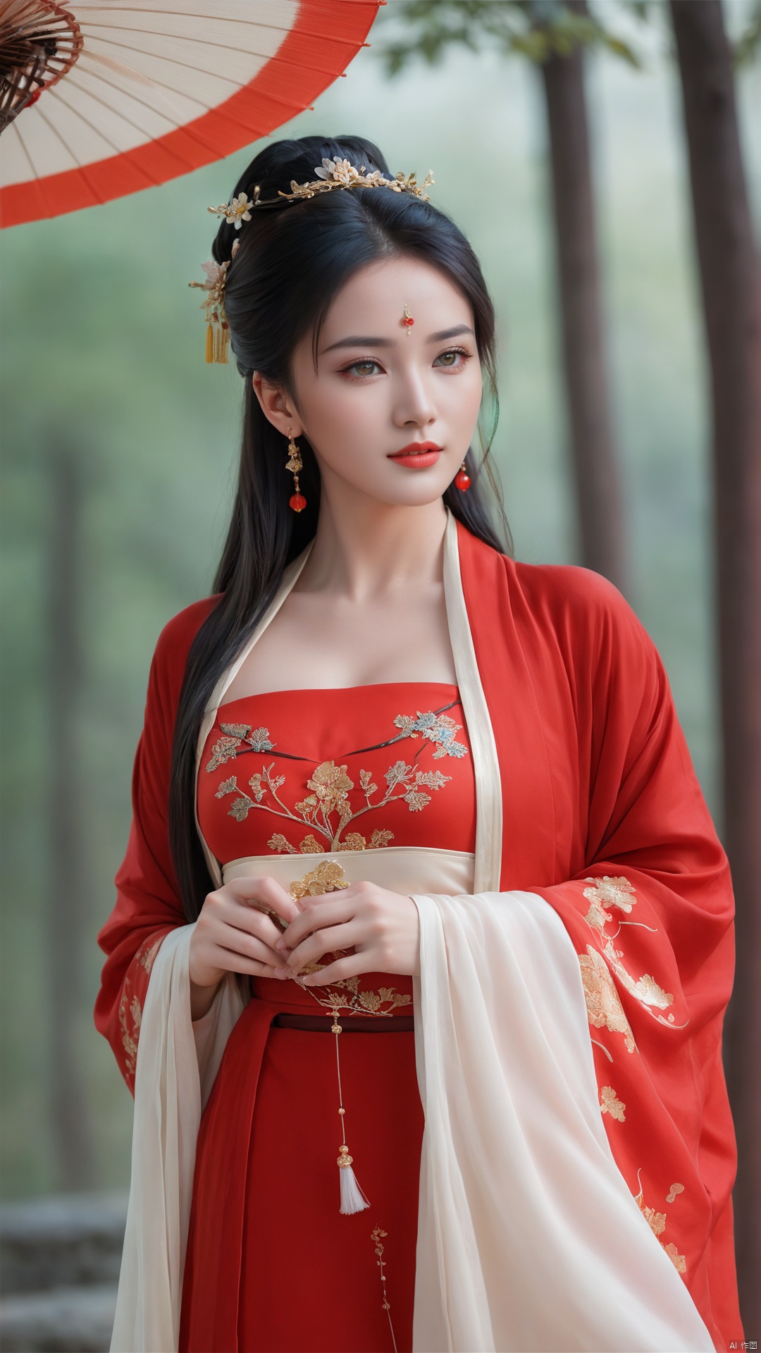  1girl,****_female,looking at viewer,standing,
((upper_body:0.9)),full breasts, (medium breasts),long hair,eyes,Colored pupil,earrings,jewelry,earrings,jewelry, face focus, (perfect face), shiny skin, 
red dress,(cloud pattern print hanfu), hanfu, 
forest, night background,metal,water, wet, 
masterpiece, best quality,depth of field, cinematic composition, best lighting,light master,RAW photo, dslr, film grain, Fujifilm XT3, night shot, light master,Hosino, Face Score, MAJICMIX STYLE, daxiushan,daxiushan style,hanfu,upper body,walking,looking at viewer, masterpiece,32k,extremely detailed CG unity 8k wallpaper, best quality, vibrant colors, break, china goddess,1girl, long hair, black hair,dodger red and gold see through clothes, off shoulder,transparent shawl,