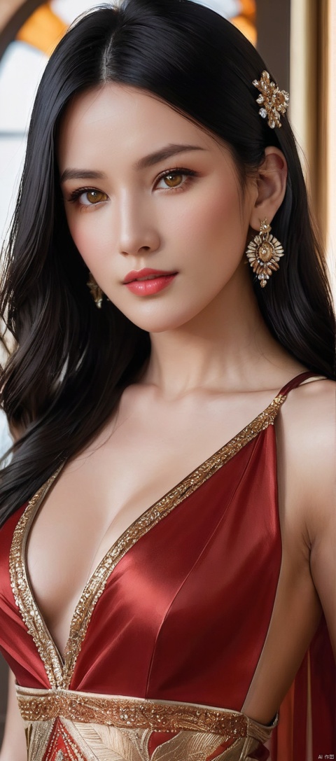 8k,RAW, Fujifilm XT3, masterpiece, best quality, photorealistic,1girl,solo, diamond stud earrings, long straight black hair, hazel eyes, serious expression, slender figure,(upper body shot), (upper body view),dodger red and gold see through dress,red and gold transparent shawl,beautiful symmetrical face,in the style of elegant clothing,high heels,g002,g001,