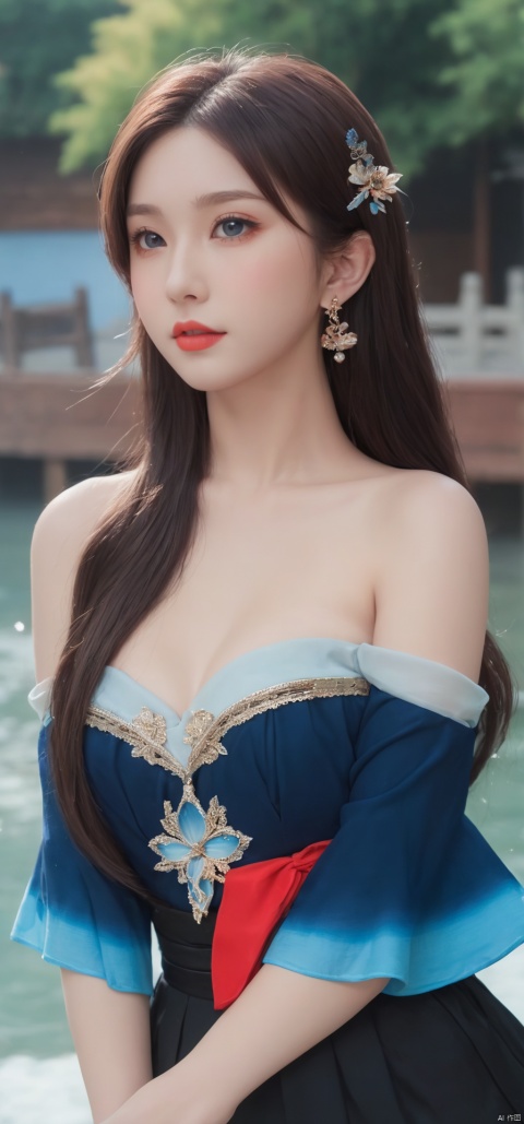  1girl,(((face focus))), sole_female,standing,red,black,daxiushan,daxiushan style,hanfu,
((upper_body:0.7)),full breasts, (((larger breasts:1.2))),long hair,blue eyes,Redlips,red lipstick,Colored pupil,earrings,jewelry,(perfect face), shiny skin, 
(china jiangnan water town style),water, wet, 
masterpiece, best quality,depth of field, cinematic composition, best lighting,light master,RAW photo, dslr, film grain, Fujifilm XT3, night shot, light master,