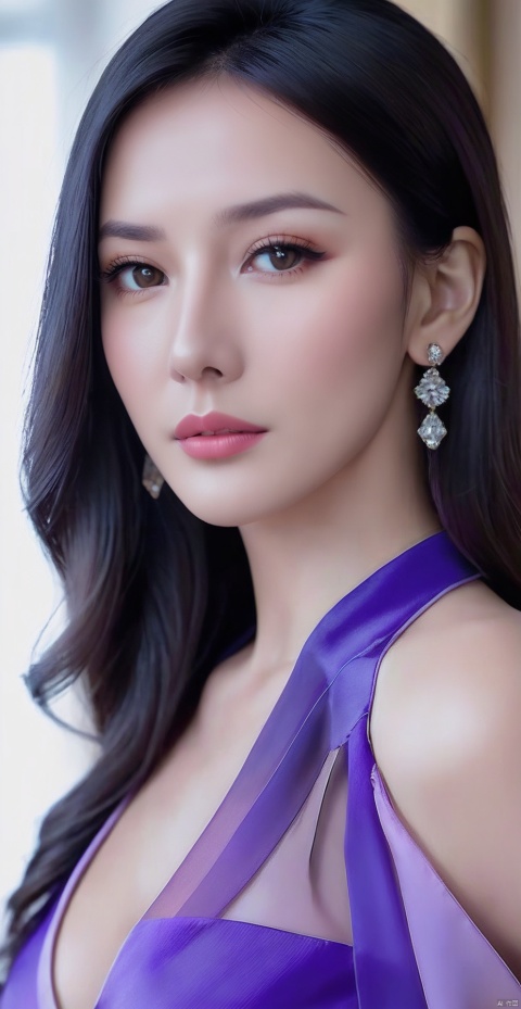 8k,RAW, Fujifilm XT3, masterpiece, best quality, photorealistic of 1girl ,solo, diamond stud earrings, long straight black hair, hazel eyes, serious expression, slender figure, wearing a purple blouse,masterpiece,1girl,purple dress,(upper body shot:0.7), (upper body view),best quality,long hair, black hair,purple transparent shawl,earrings,beautiful symmetrical face,in the style of elegant clothing,skin white and smooth,high heels,g007