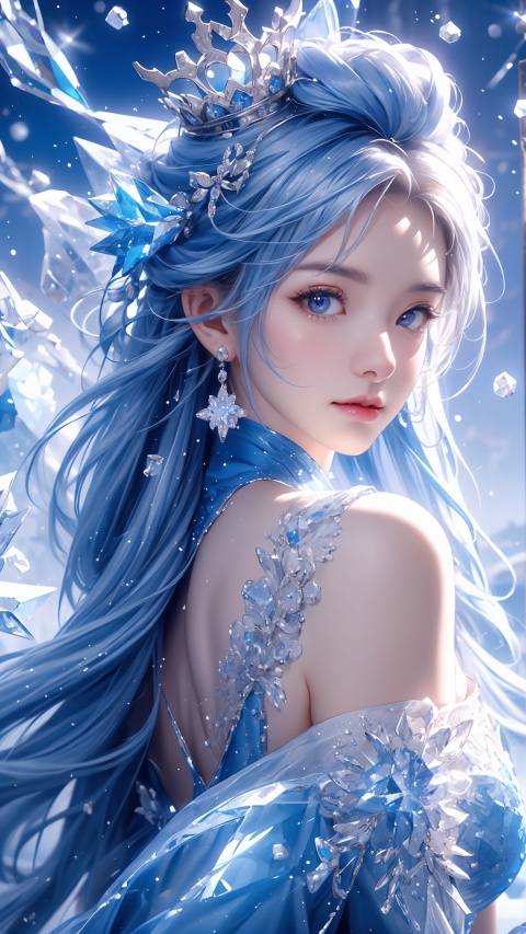  Ancient China, 16K,  (detailed light), (an extremely delicate and beautiful), volume light, best shadow, cinematic lighting, flash, Depth of field, dynamic angle, Oily skin, ((ice-sculpture-loli)+(detailed eyes)+(detailed messy white ice-hair)+(Extremely delicate and beautiful ice-sculpture-loli)+(Ice-crystals-skin:1.4)+(detailed ice-Texture:1.4))+(Reflective snowflake-skin:1.3)+(blue bustier:1.35)+(Snowflakes on the skin:1.3)+(ice crystals on the skin:1.3)+(ice-snowflake-crown on head:1.25)+(snowflake)+(Cute anime face)+(bell collar:1.3)+(big breasts:1.2)+(Extremely delicate and beautiful)+(Flowing-ice:1.3), (complexity), ((detailed blue-fire-magic-circle background:1.3)+(Snowflake-concentric-circles:1.3)), 1girl, shuijingxie, The flowing light is overflowing with color, fazhen, crystal_dress, crystal, wings, glowing, cute girl, Nebula, eyesseye, Wumag,Nebula