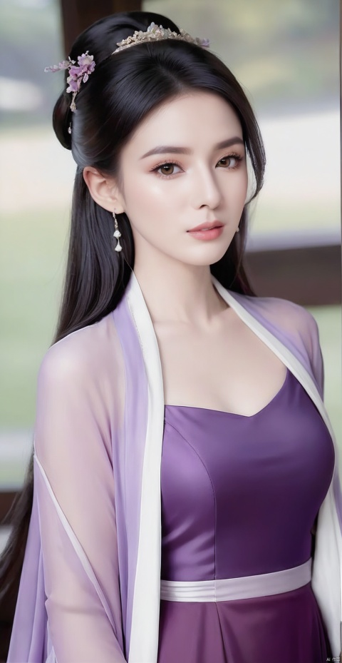 8k,RAW, Fujifilm XT3, masterpiece, best quality, photorealistic of 1girl ,solo, diamond stud earrings, long straight black hair, hazel eyes, serious expression, slender figure, wearing a purple blouse,masterpiece,1girl,purple dress,(upper body shot:0.7), (upper body view),best quality,long hair, black hair,purple transparent shawl,earrings,beautiful symmetrical face,in the style of elegant clothing,skin white and smooth,high heels,purple hanfu,hanfu,daxiushan,