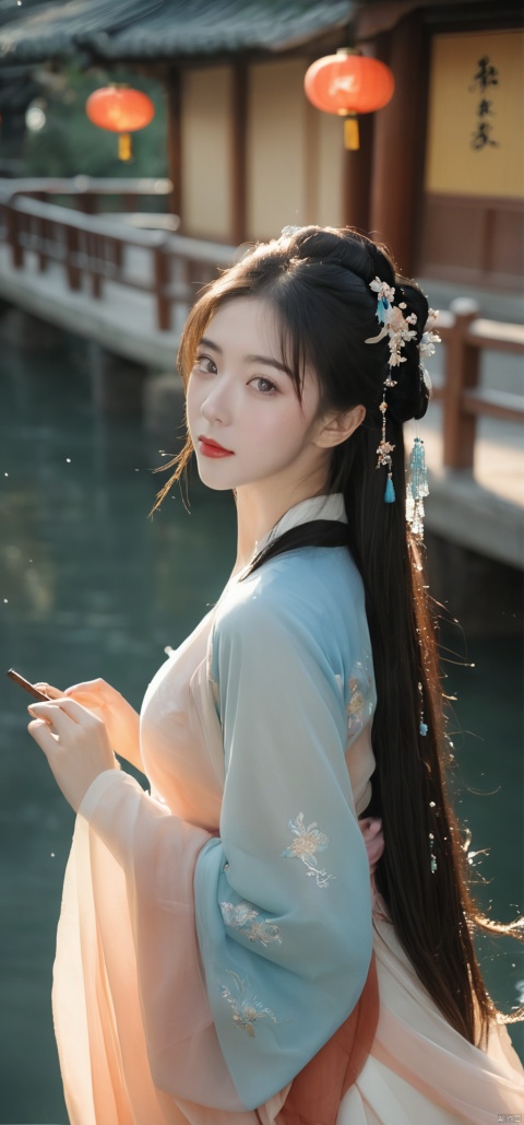  1girl,(((face focus))), sole_female,standing,daxiushan,daxiushan style,hanfu,
((upper_body:0.7)),full breasts, (((larger breasts:1.2))),long hair,blue eyes,Pastel lips, pupil,earrings,jewelry,(perfect face), shiny skin, 
(china jiangnan water town style),water, wet, 
masterpiece, best quality,depth of field, cinematic composition, best lighting,light master,RAW photo, dslr, film grain, Fujifilm XT3, night shot,