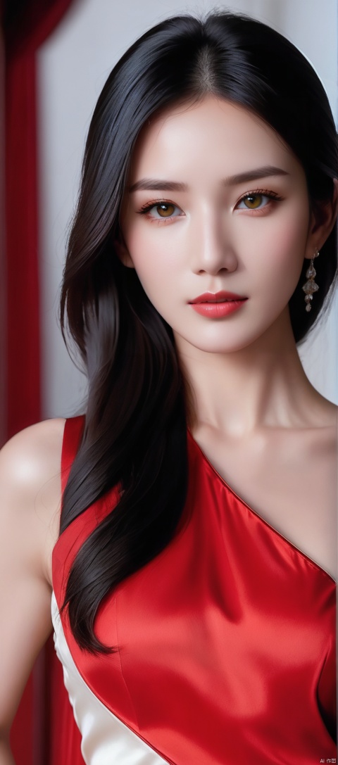  8k,RAW, Fujifilm XT3, masterpiece, best quality, photorealistic,1girl,solo, diamond stud earrings, long straight black hair, hazel eyes, serious expression, slender figure, wearing a red blouse,red dress,(upper body shot), (upper body view),dodger red see through clothes,red transparent shawl,beautiful symmetrical face,in the style of elegant clothing,skin white and smooth,high heels,g002,