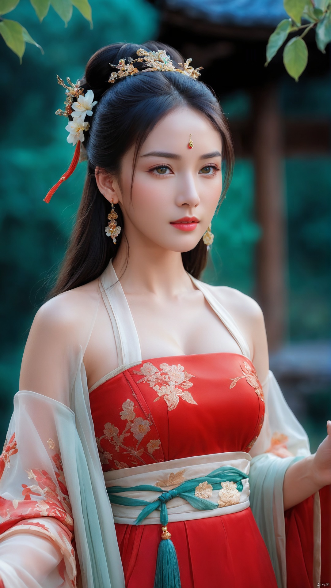  1girl,****_female,looking at viewer,standing,
((upper_body:0.9)),full breasts, (medium breasts),long hair,eyes,Colored pupil,earrings,jewelry,earrings,jewelry, face focus, (perfect face), shiny skin, 
red dress,(cloud pattern print hanfu), hanfu, 
forest, night background,metal,water, wet, 
masterpiece, best quality,depth of field, cinematic composition, best lighting,light master,RAW photo, dslr, film grain, Fujifilm XT3, night shot, light master,Hosino, Face Score, MAJICMIX STYLE, daxiushan,daxiushan style,hanfu,upper body,walking,looking at viewer, masterpiece,32k,extremely detailed CG unity 8k wallpaper, best quality, vibrant colors, break, china goddess,1girl, long hair, black hair,dodger red and gold see through clothes, off shoulder,transparent shawl,