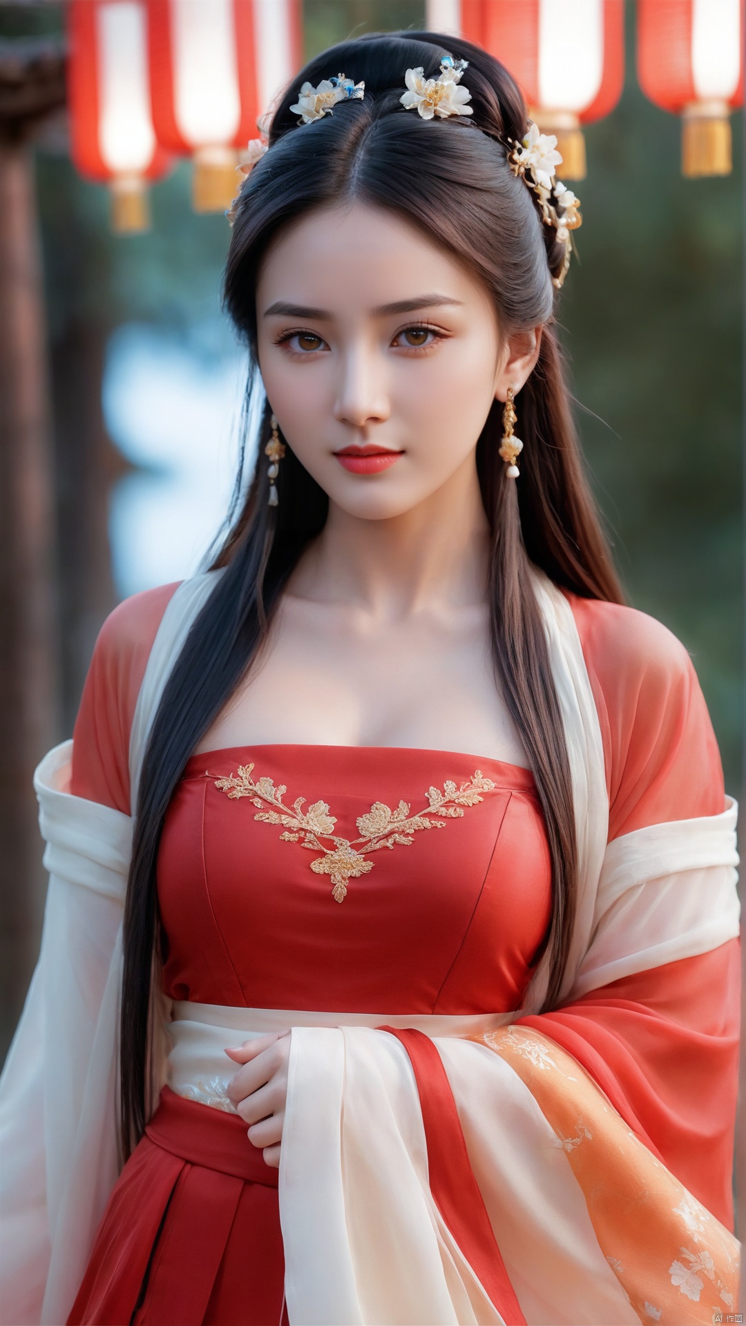  1girl,****_female,looking at viewer,standing,
((upper_body:0.9)),full breasts, (medium breasts),long hair,eyes,Colored pupil,earrings,jewelry,earrings,jewelry, face focus, (perfect face), shiny skin, 
red dress,(cloud pattern print hanfu), hanfu, 
forest, night background,metal,water, wet, 
masterpiece, best quality,depth of field, cinematic composition, best lighting,light master,RAW photo, dslr, film grain, Fujifilm XT3, night shot, light master,Hosino, Face Score, MAJICMIX STYLE, daxiushan,daxiushan style,hanfu,upper body,walking,looking at viewer, masterpiece,32k,extremely detailed CG unity 8k wallpaper, best quality, vibrant colors, break, china goddess,1girl, long hair, black hair,dodger red and gold see through clothes, off shoulder,transparent shawl,g001,