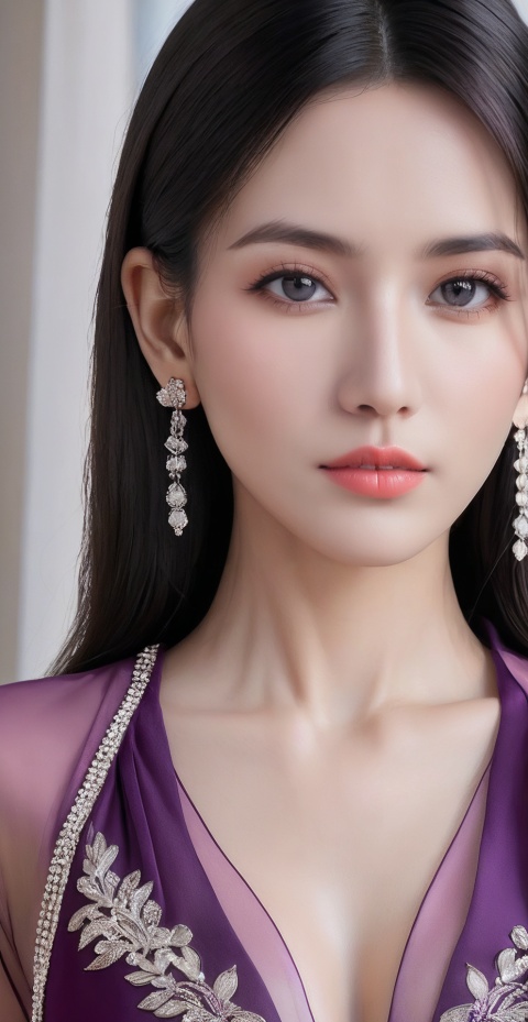 8k,RAW, Fujifilm XT3, masterpiece, best quality, photorealistic of 1girl ,solo, diamond stud earrings, long straight black hair, hazel eyes, serious expression, slender figure, wearing a purple blouse,masterpiece,1girl,purple dress,(upper body shot:0.7), (upper body view),best quality,long hair, black hair,purple transparent shawl,earrings,beautiful symmetrical face,in the style of elegant clothing,skin white and smooth,high heels,g009,