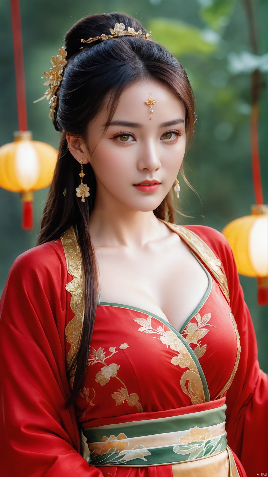  1girl,****_female,looking at viewer,standing,red and gold,
((upper_body:0.9)),full breasts, (medium breasts),long hair,eyes,Colored pupil,earrings,jewelry,earrings,jewelry, face focus, (perfect face), shiny skin, 
red and gold dress,(cloud pattern print hanfu), hanfu, 
forest, night background,metal,water, wet, 
masterpiece, best quality,depth of field, cinematic composition, best lighting,light master,RAW photo, dslr, film grain, Fujifilm XT3, night shot, light master,Hosino, Face Score, MAJICMIX STYLE, daxiushan,daxiushan style,hanfu,